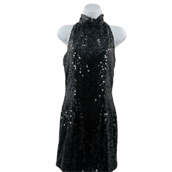 Vintage NiteLine Black Sequin Halter Neck Dress | Tag Size 6 | Open Back Design - Picture 1 of 3
